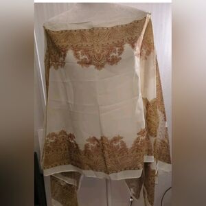 Paisley Chiffon Shawl With Pearls Elegant Cream and Brown 60x19